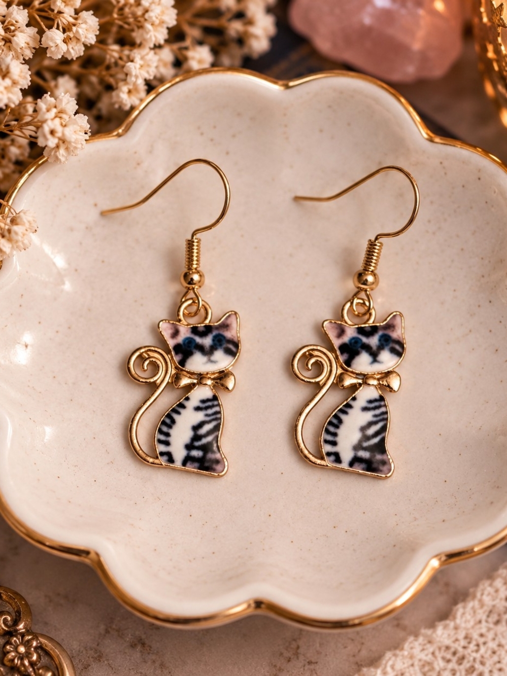 Gold Cat Dangle Earrings with Blue & White Tabby Pattern - New